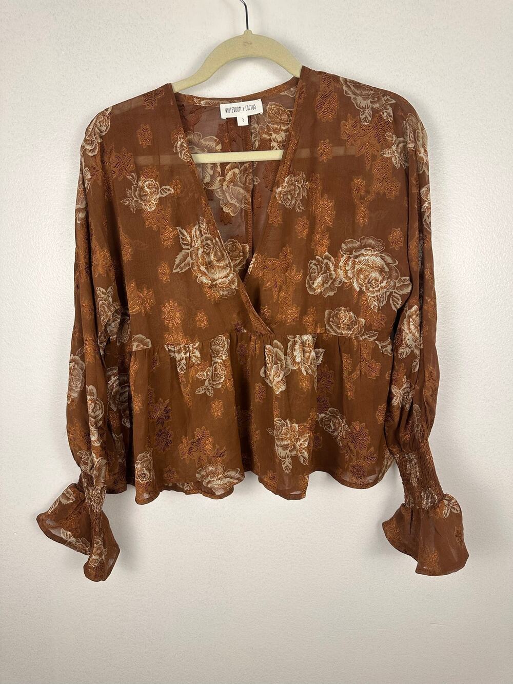 White Room + Cactus blouse sheer brown long-sleeve top delicate floral print S